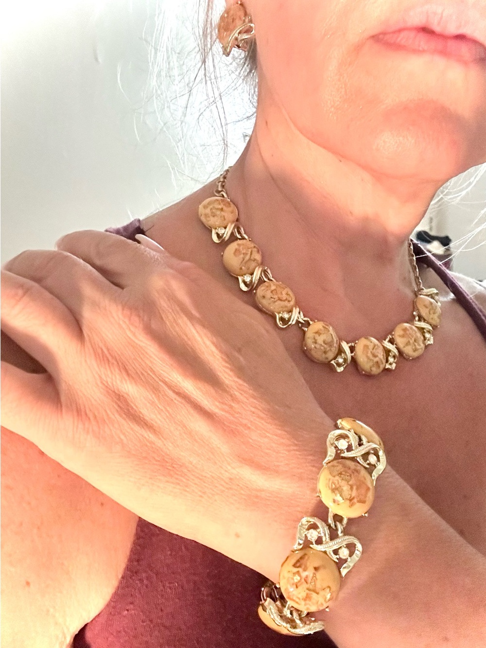 Vintage Coro Confetti Orange Yellow Flecked Necklace, Bracelet & Earrings Set